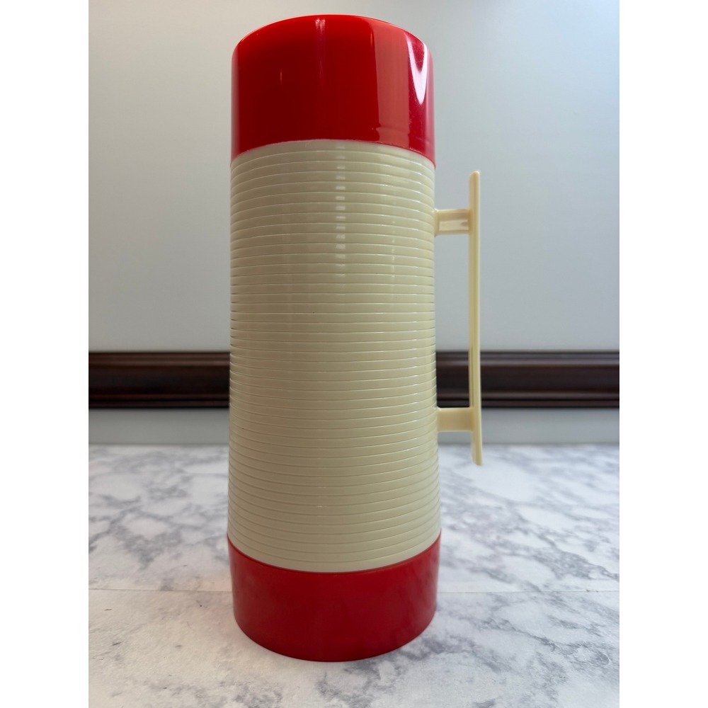 Vintage Wide Mouth Vacuum Bottle Thermos Red Cream Ribbed with Handle & Manual